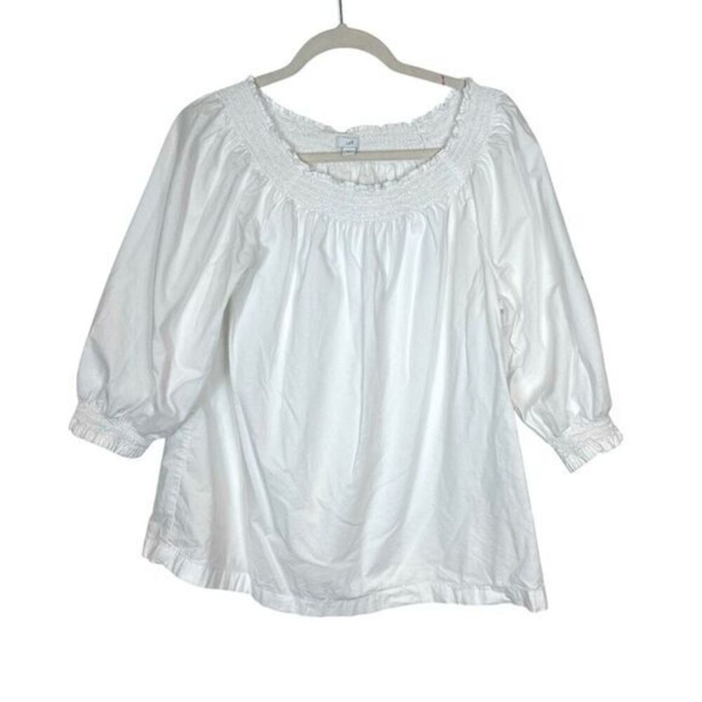 J. Jill Blouse Womens Medium White Poplin cotton Smocked 3/4 puff Sleeve‎s Top